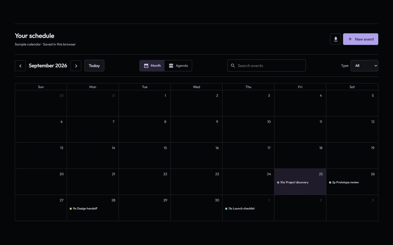 Scheduler component preview with calendar and planning controls