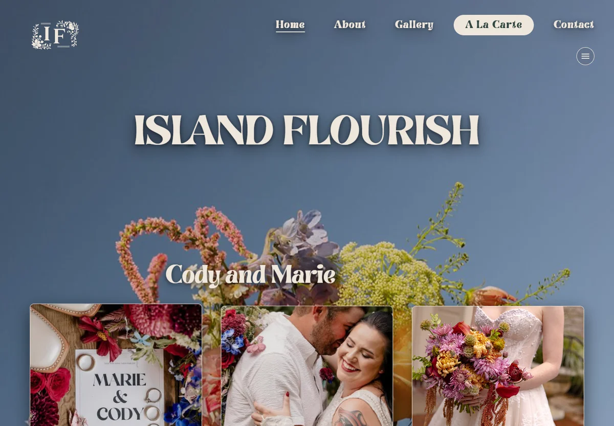 Island Flourish's live website with wedding floral photography and links to its gallery, services, and contact page