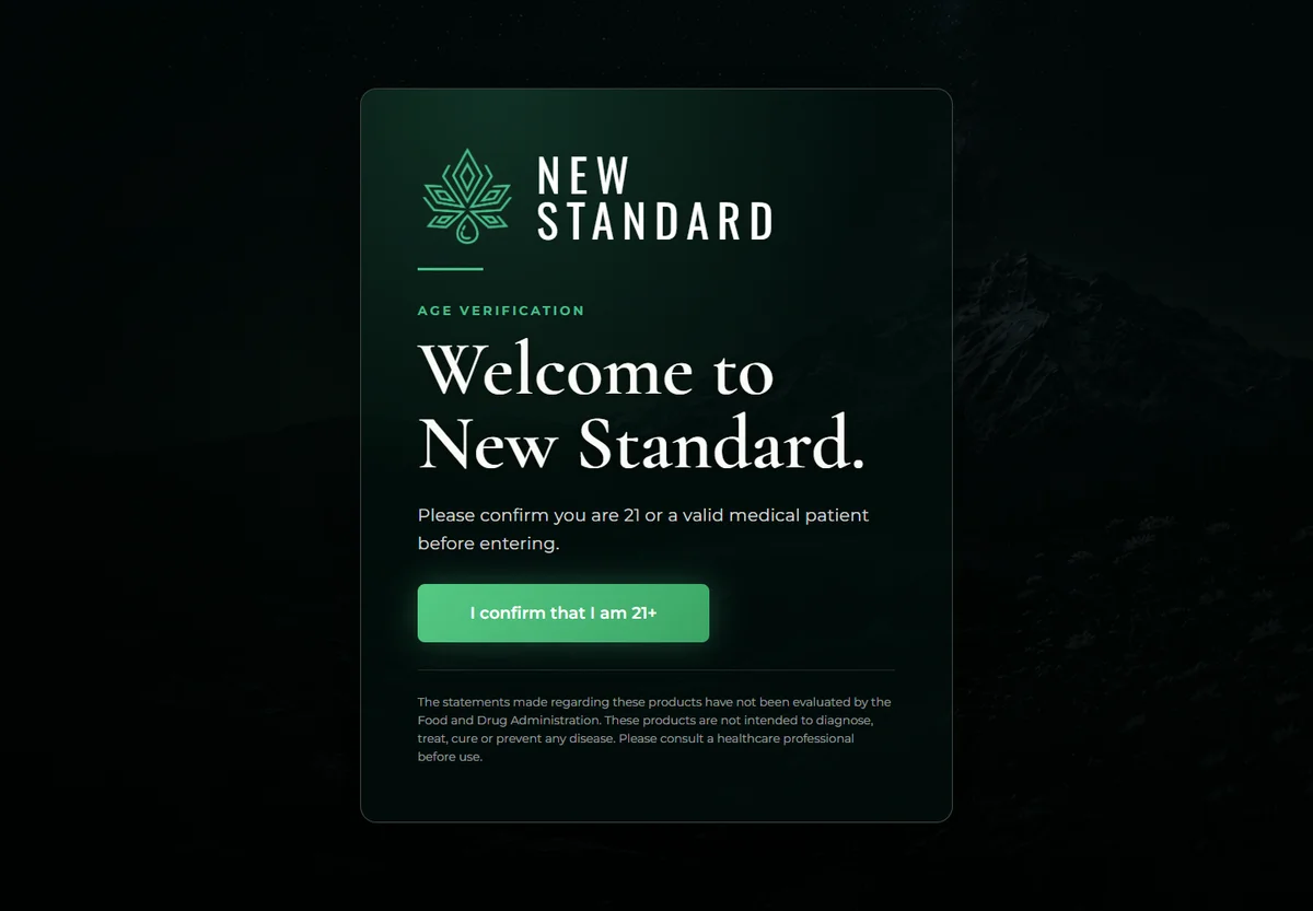 New Standard's live website entry screen with its branded age-verification prompt