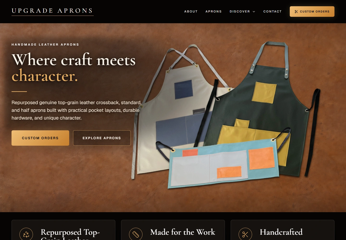Upgrade Aprons website homepage with handmade leather apron photography, navigation, and custom order calls to action